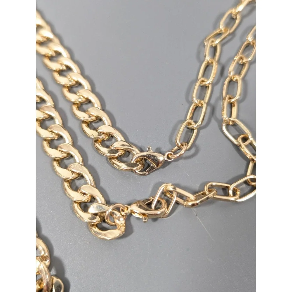 Set of 2 Convertible Gold‎ Tone Cuban Curb Chain Oval Link Necklace 34 in